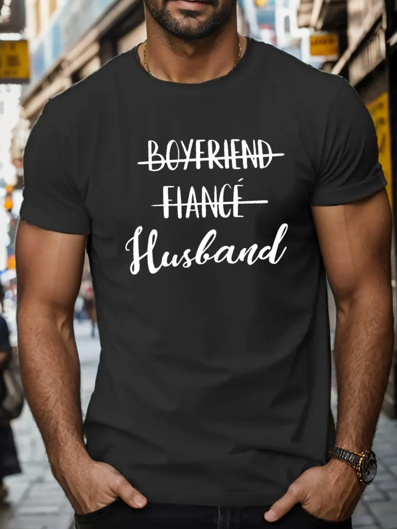 180g 100% Cotton Boyfriend Fiance Husband Crossed Out Text T-Shirt, Viral Trending Funny Wedding Engagement Men Short Sleeve Tee, Groom Bachelor Party Casual Top S-3XL