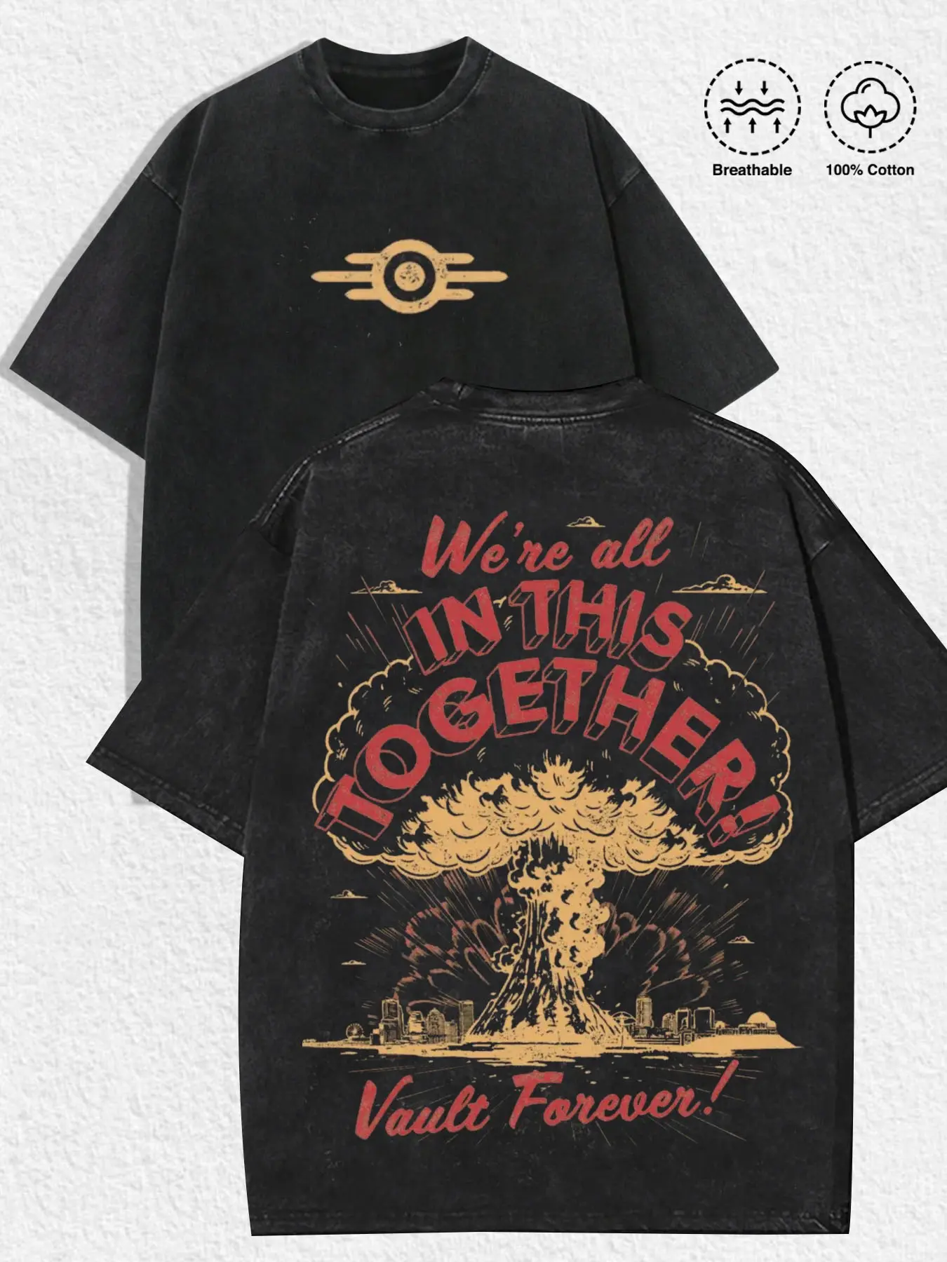 1 PCS GAME.ACE Washed Black Oversized Tee, "We're All In This Together" Vault Forever Fallout Inspired Graphic Print, Retro Apocalyptic Streetwear, 100% Cotton Breathable Unisex T-Shirt, Ideal for Daily Wear & Fallout Fans