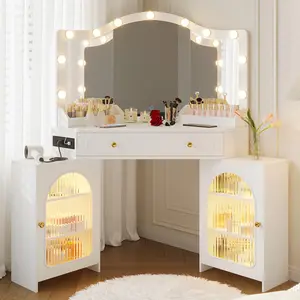 Casvik LED Vanity Mirror Vanity Desk with Power Outlet, Fluted Acrylic Side Cabinet, 1 Large Storage Drawer, Matte Black/White Indoor Furniture (Stool Not Included), Vanity Mirror With Light