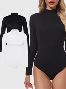 Women's Long Sleeve High Neck Basic Bodysuit Set, 2 Piece Pack, Tight-Fitting Underwear for Fall & Winter, Casual Daily Wear, Womenswear