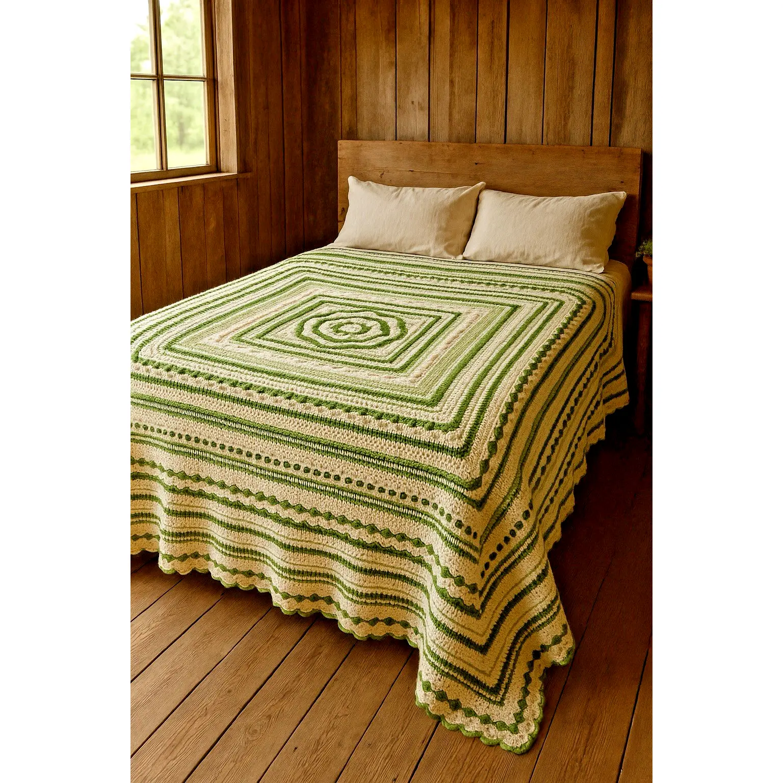 NWT Handmade King Sz Crochet Blanket 100X100 Green White Afghan Boho Farm Bed