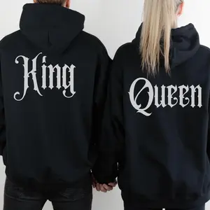 King Queen Couple Matching Hoodies Casual Street Style Fleece Fabric Pullover Hooded Sweatshirt Tops Trendy for Women for Men, Perfect Gift