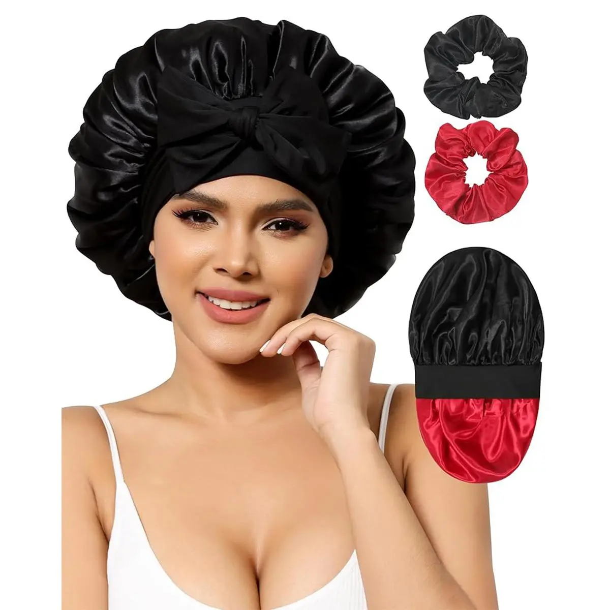 Black-Red Bonnet +  2Pcs Scrunchies