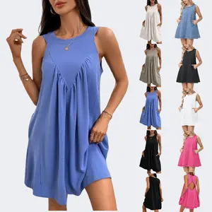 Women's Vacation Sleeveless Mini Dress Casual Crew Neck Tank Dress Flowy Beach Petite Sundress with Pockets Summer Womenswear Crewneck