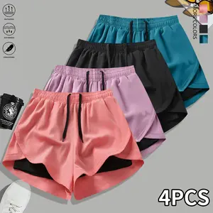 Pack of 4 women’s casual athletic shorts, solid color, lined, drawstring elastic waistband; suitable for outdoor sports, fitness running, yoga; women’s shorts, casual shorts, womenswear, summer clothing