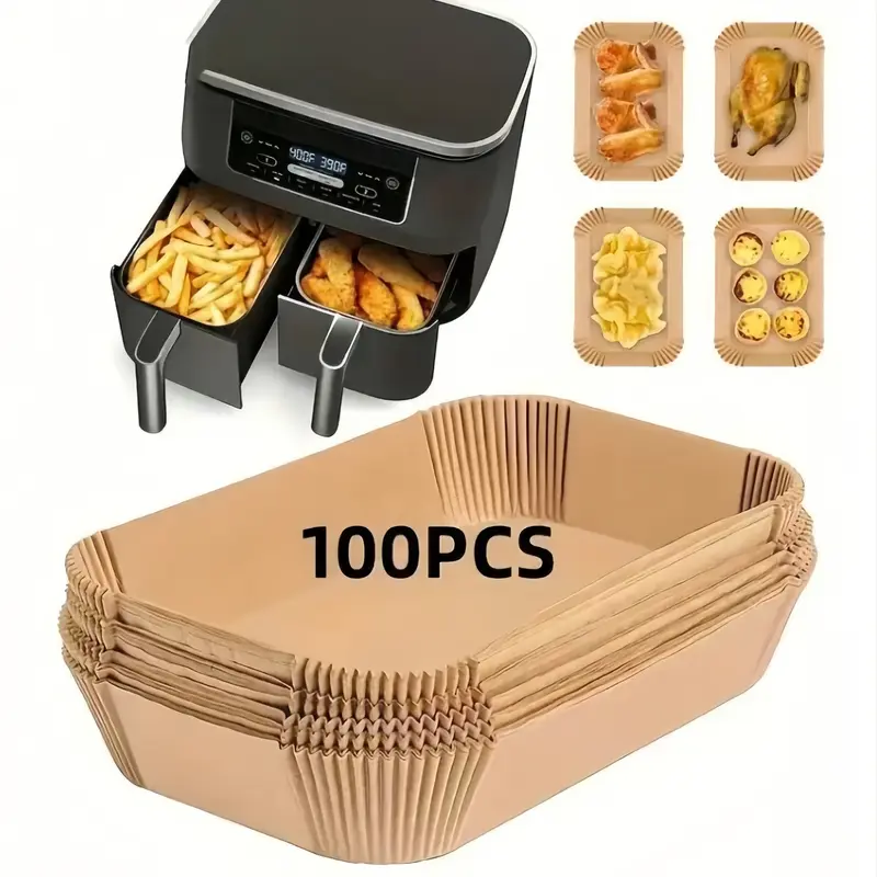 Disposable Air Fryer Liner Paper, Absorbent Paper 100 Pieces, Rectangular Paper Basket Bowl, Kitchen Accessories, Baking Essentials, Bakeware, Baking Tray, Oven Parts, Home Baking Supplies, Bakery Supplies