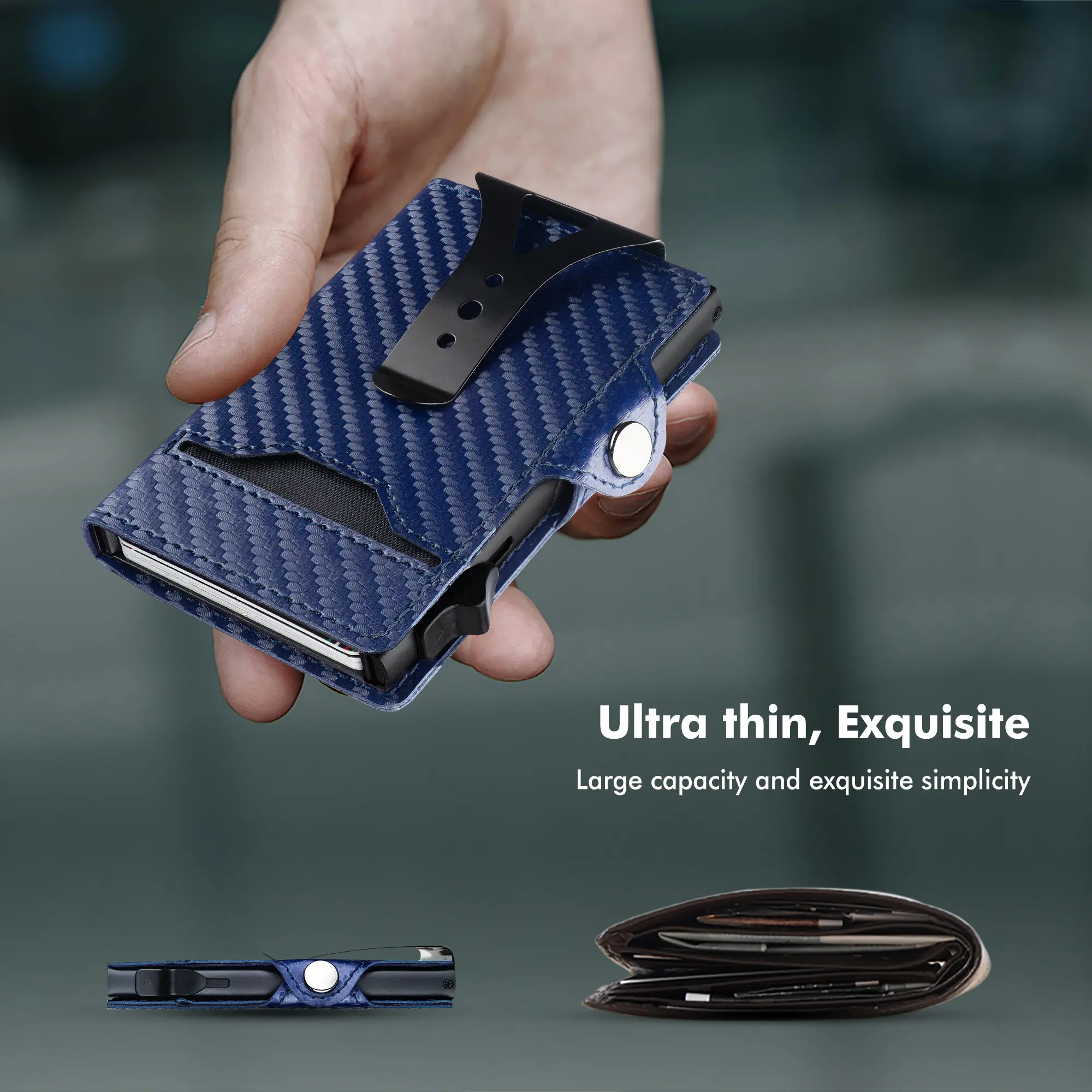 CaseKey Men's Pop Up Case, Cash Slot, and Credit Card Slot - Aluminum Wallet with RFID Blocking, Minimalist Leather Wallet Front Pocket with ID Window, Gift Box, Money, Chic, Father's Day, Cow Hide, Metallic, Card Holder
