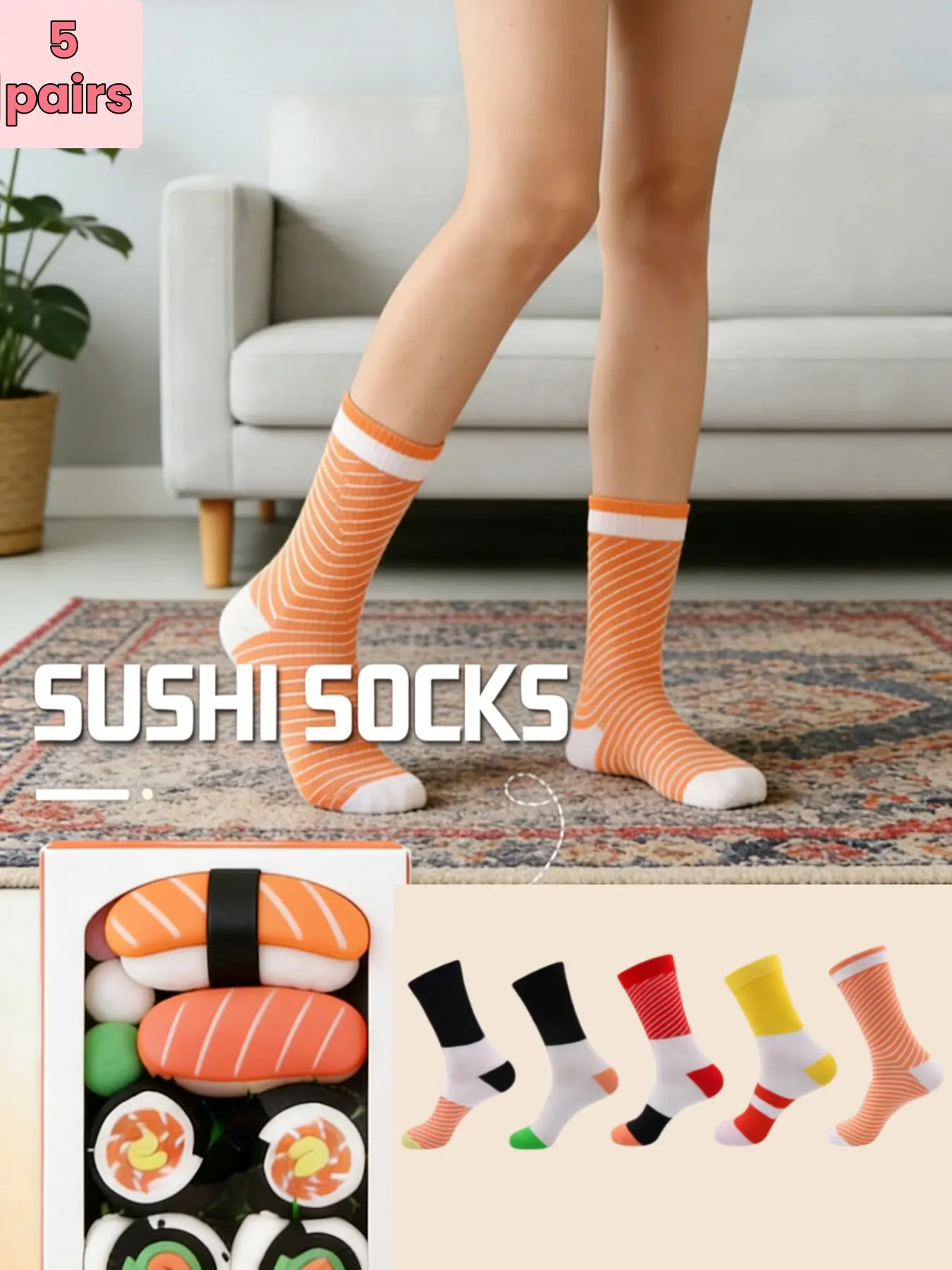 5 Pairs Sushi Salmon Socks for Women, Creative High-Cut Boxed Funny Long Socks, Patchwork Cotton Socks for Sports, Home, Party, Date