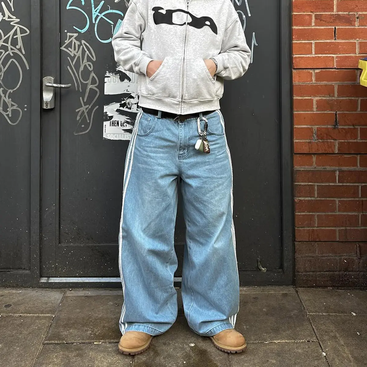 Men’s Casual Streetwear Jeans - New Fashion Baggy Cotton Blend Long Pants with Stripped Sides, Pockets, Versatile Beige or Blue Menswear Bottoms