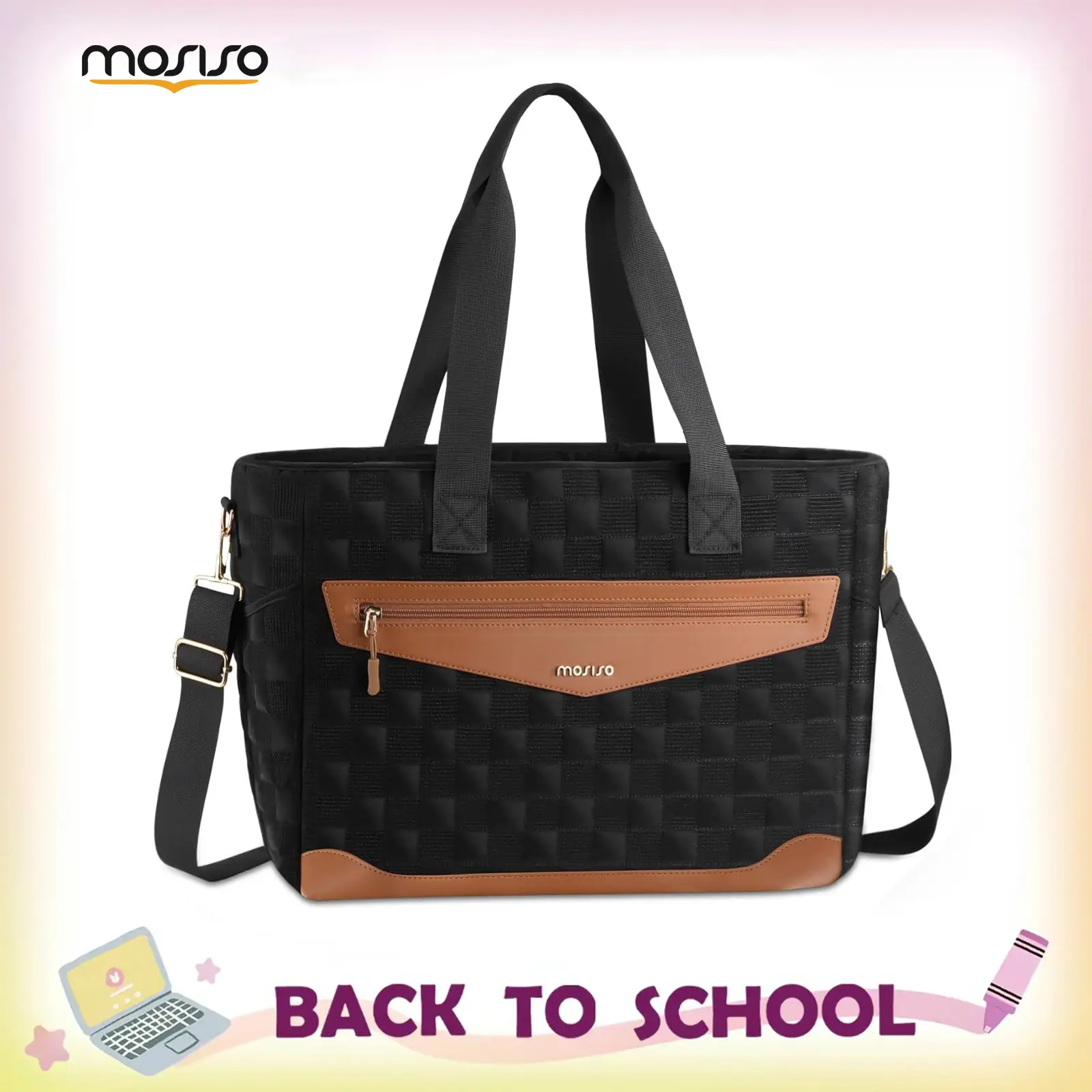 MOSISO 15.6-Inch Quilted Women's Laptop Tote Bag, Large Capacity Work Handbag with Padded Compartment & Adjustable Strap, Stylish Laptop-Friendly Easy-Carry Office Travel Bag (Black), Tote Bags, Laptop-Friendly Laptop Bags