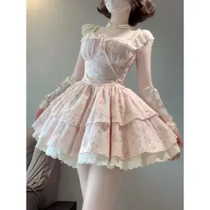 Vintage Lolita Dress Women Lace Patchwork Sweet Princess Ruffle High Waist Layered Dress Female Korean Fashion  Elegant Dress