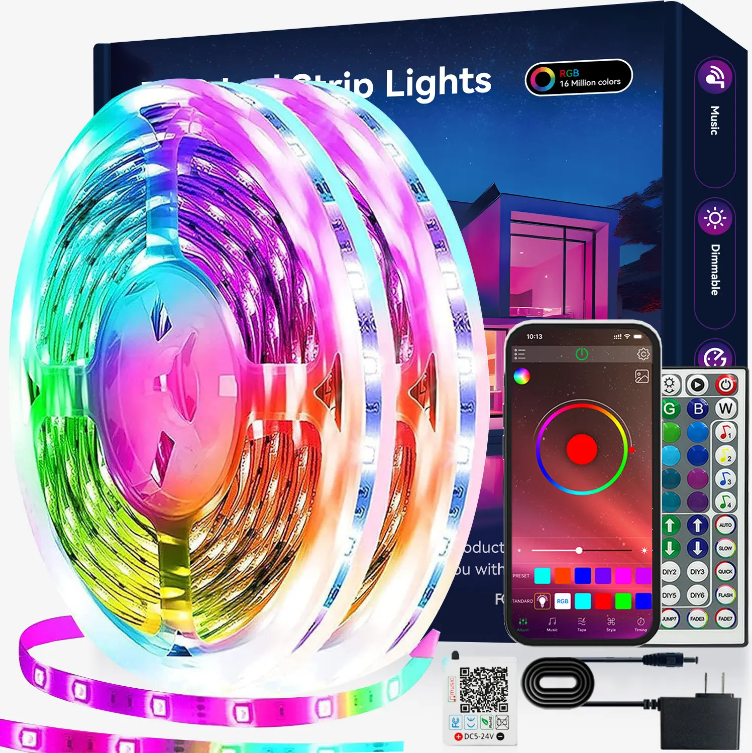 Smart RGB LED Strip Lights with Music Sync, App & 44-Key Remote Control – Available in 100FT / 50FT / 32.8FT / 9.84FT – Multicolor Lighting for Bedroom, Christmas, Home Decor