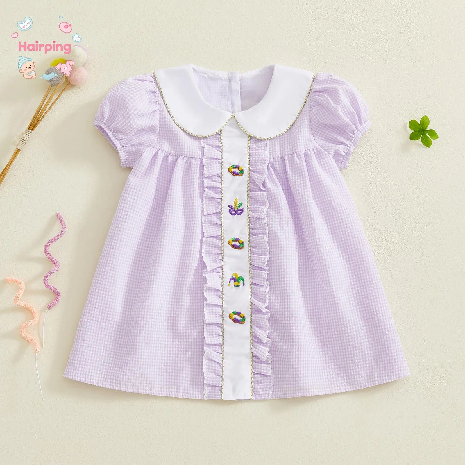 Baby Girl Mardi Gras Purple Gingham Dress, Ruffled Collar & Fleur-de-Lis/Mask Embroidery Short Sleeve Casual Holiday & Party Occasion Wear