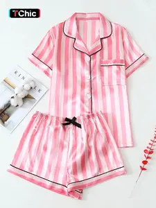 Two-piece Comfortable Satin Brown Big Stripe Spring and Summer Short-sleeved Lapel Top and Bow Shorts Women's Pajamas Set Loungewear