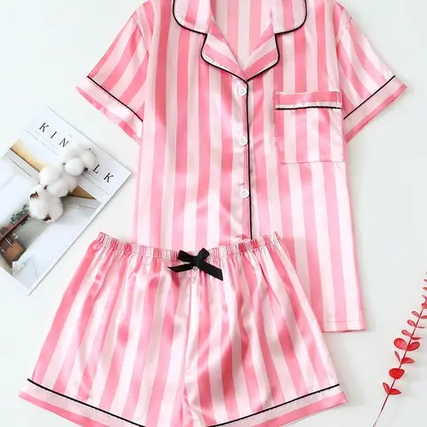 Women's Two-Piece Satin Pajamas Set, Brown Wide Stripe, Short Sleeve Lapel Top & Bow Shorts, Comfortable Loungewear for Spring & Summer, Casual Summer Loungewear