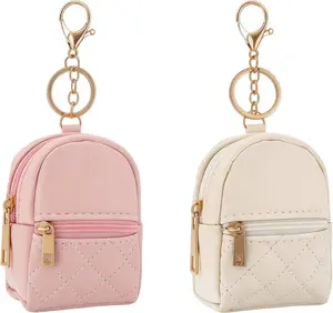 2PCS Mini Cute Cosmetic Backpack Keychain - Beige & Pink PU Leather Makeup Small Cosmetic Bag, Key Ring Organizer for Lipstick Cards Data Cable Daily Travel