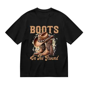 Men's "Boots On The Ground" Graphic Shortsleeve Tee - Classic Slimming Relaxed Fit Western Cowboy Cotton Top with Hem, for Rustic Everyday Casual Sports