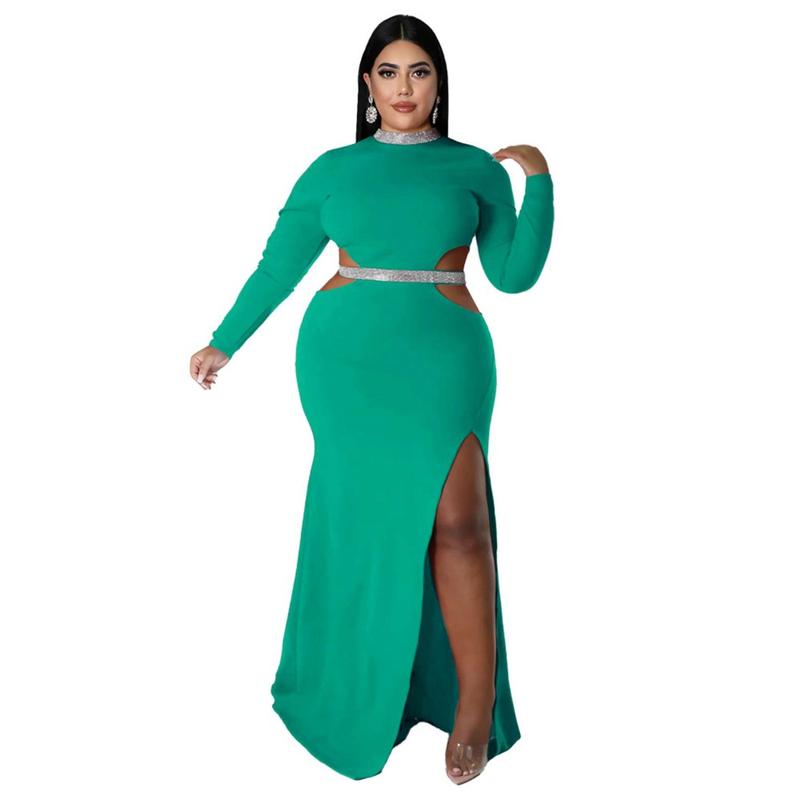Plus Size - Plus Size Women'S Elegant Sexy Waist-Baring Slit Dress - Emerald Green Asymmetrical Hem Long Formal Party Dress with V-Neck & Slit Back, Floor-Length Winter Evening Gown for Women, Non-Stretch Elegant Party Outfit