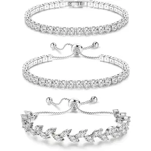 Trendy Summer Icy Cool Bracelets For Women - Chill Silver Plated Bracelet Stack with Refreshing Cubic Zirconia CZ Diamond Adjustable Stackable Bracelets Set For Party,Daily,Birthday Gift