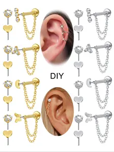 Unisex Stainless Steel Cz Zircon Heart Shape Earrings, Heart Design Chain Style, 12g Push-Back Studs, Fashionable Jewelry Gift