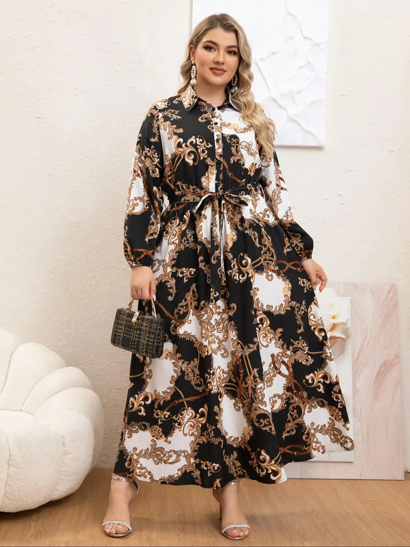 Plus Size Baroque Print Belted Button Front Shirt Dress, Boho Elegant Bishop Sleeve High Waist Long Dress for Daily Holiday Vacation Wear, Women's Clo