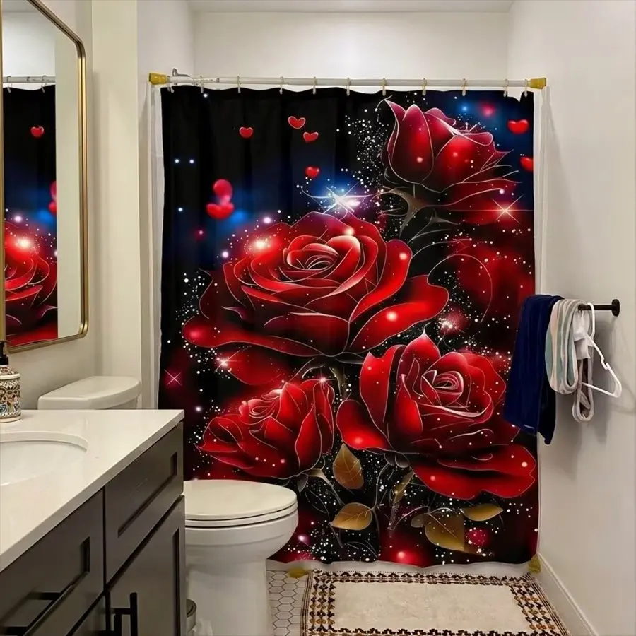 1/4pcs Black shower curtain set with red rose pattern, Floral shower curtain, including shower curtain, toilet seat cover, rectangular mat, and U-shaped mat, Perfect for bathroom décor, Comes with 12 shower curtain hooks, Shower Essentials