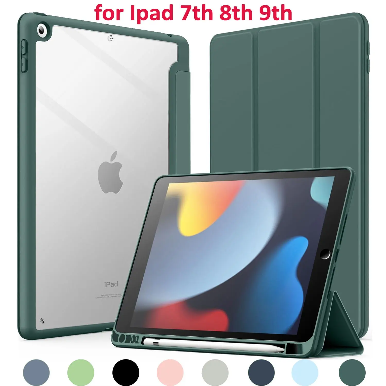 Case for iPad 10.2-Inch (7th/8th/9th Generation, 2019–2021), Slim Transparent Back Shockproof Tablet Protective Cover, Magnetic Tablet Casing with Pencil Holder and Auto Wake/Sleep
