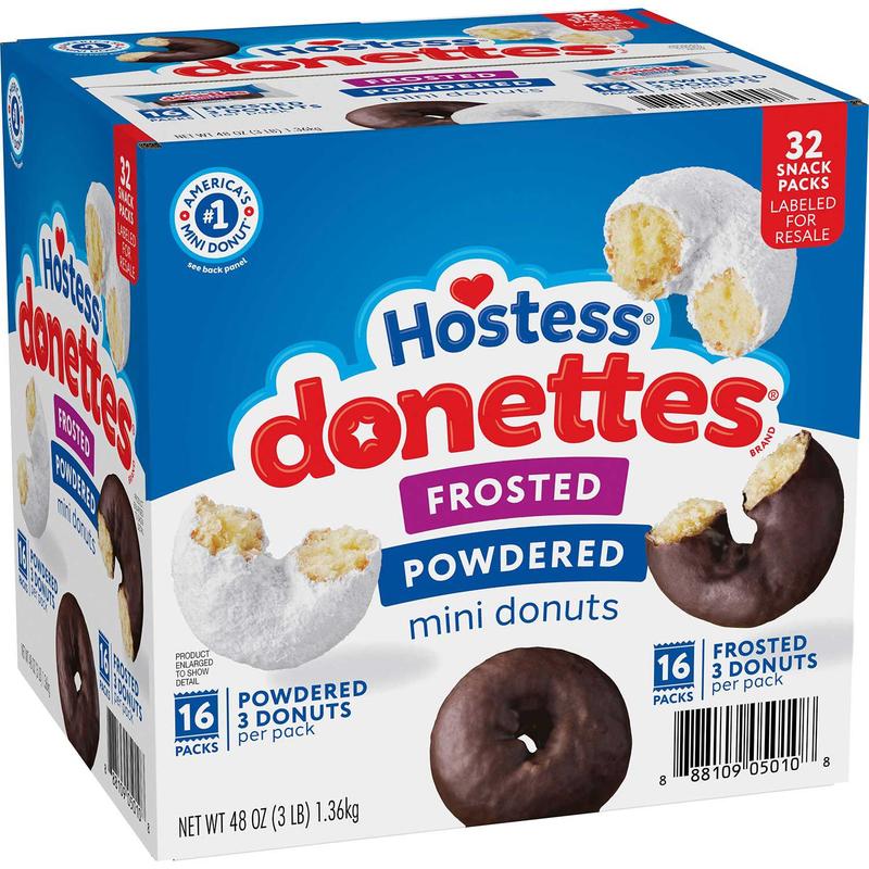 Hostess Donettes Variety Pack Donuts Snack Size 1.5 oz 32 pk Frosted Powdered Mini Donuts 16 Packs per Pack