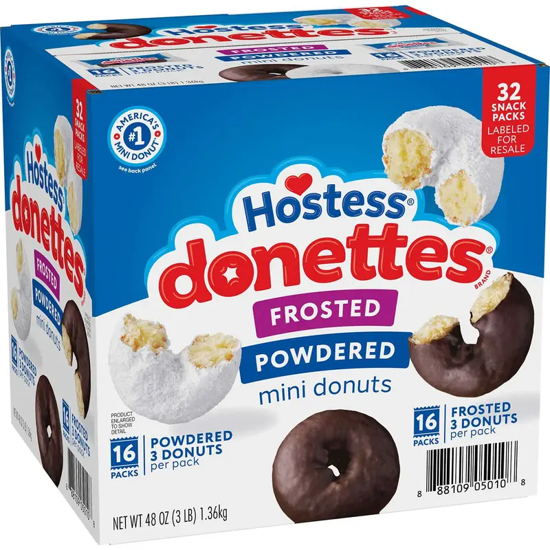 Hostess Donettes Variety Pack Donuts Snack Size 1.5 oz 32 pk Frosted Powdered Mini Donuts 16 Packs per Pack
