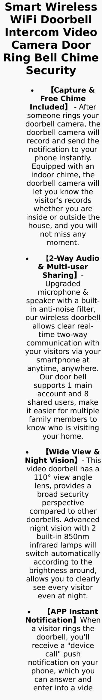 Smart Wireless WiFi Doorbell Intercom Video Camera Door Ring Bell Chime Security
