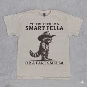 [SALE UP TO 40% ] Funny Raccoon Shirt - Smart Fella or Fart Smella Retro 90s Vintage T-Shirt, Distressed Graphic Tee, Oversized Washed Cotton Shirt, Humorous Gift for Him/Her