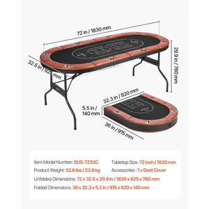 VEVOR Foldable Poker Table, 8 Player 72 in Folding Casino Leisure Table with Padded Rails and Cup Holders, Oval Portable Game Tables with Felt Metal Legs, for Texas Hold'em Game and Blackjack