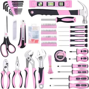 220Piece Pink Ladies' Repair Tool Set – Wide Mouth Open Storage Tool Bag (12Inch),Purpose Household DIY Kit