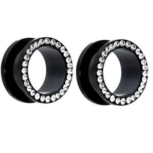 Pair of Black Titanium Clear Gem Screw Gauges Tunnels Steel Ear Plugs diamond
