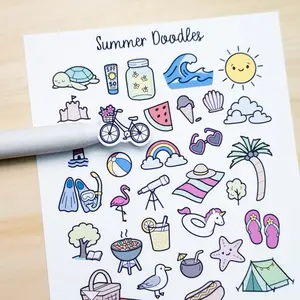 Summer Doodles Deco Planner Sticker Sheet Sun Ocean Picnic Crab Flamingo Seagull Lighthouse Grill Bujo Cute Kawaii