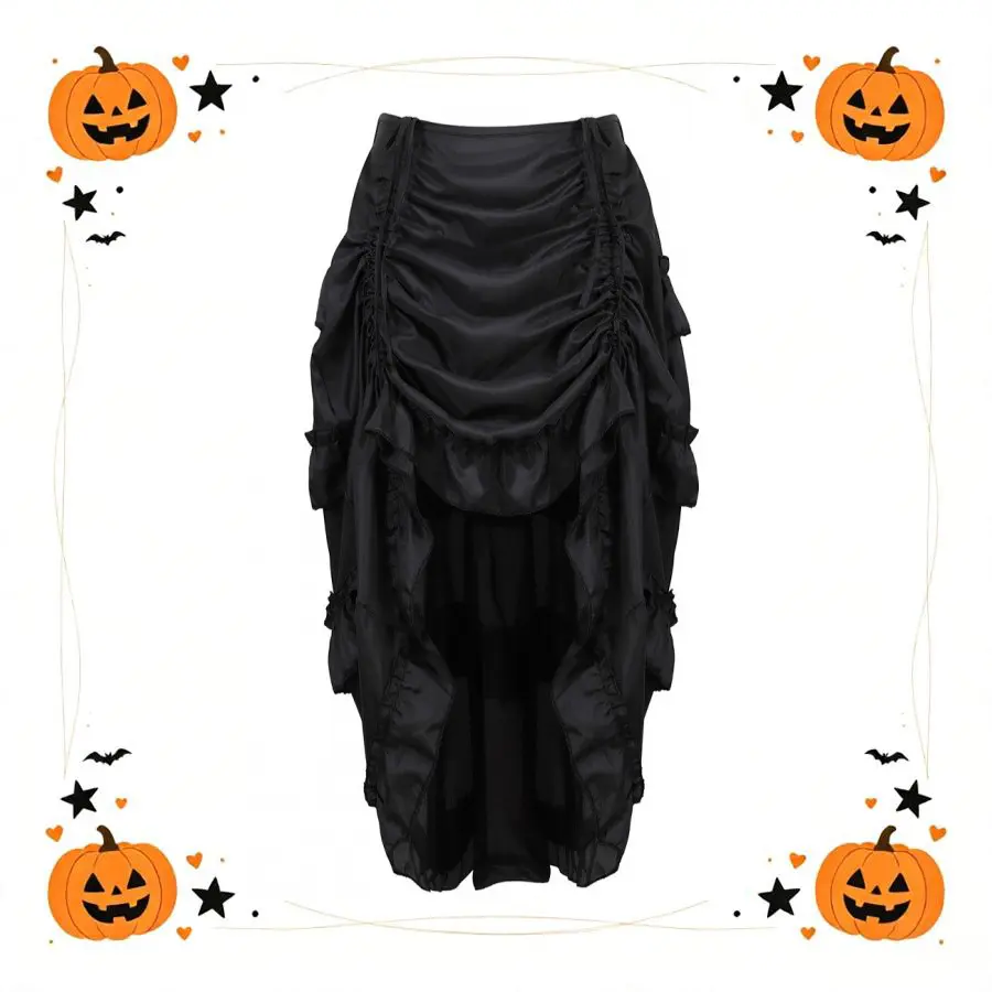 Novall Halloween Costume Women Ruffled Edge High-Low Midi Skirt, Adjustable Drawstring Ruched Skirt, Gothic Dark Aesthetic Steampunk, Halloween Cosplay Party & Daily Wear, Multiple Colors, SohoChic, Costume, Elegance, Piece, Outfits Inspo