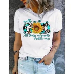 [100% Cotton] Sunflower Print Crew Neck T-shirt, Short Sleeve Casual Top for Summer & Spring, Women's Clothing, Leisure Style, Xia  Golf Gift T-Shirt For Men and Women