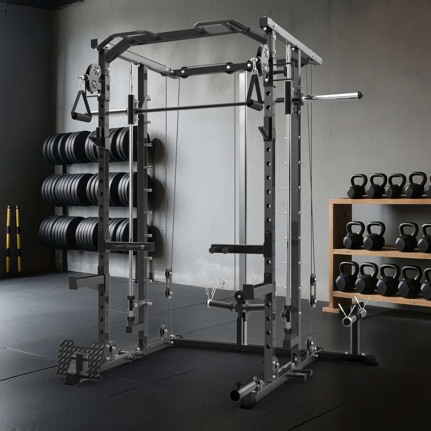 Heavy Duty Machine Power Cage for Home Gym and Studio, Squat Rack with Pulley System, Dip Bar, and LAT Pulldown, Multifunctional Strength Training Machine