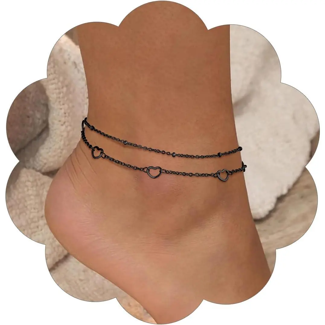 Black// Plated Anklets Set of 2 count/3PCS Herringbone Chain Cuban Link Heart Charm Sparkling Tennis Ankle Bracelets,  Summer Foot  for Beach