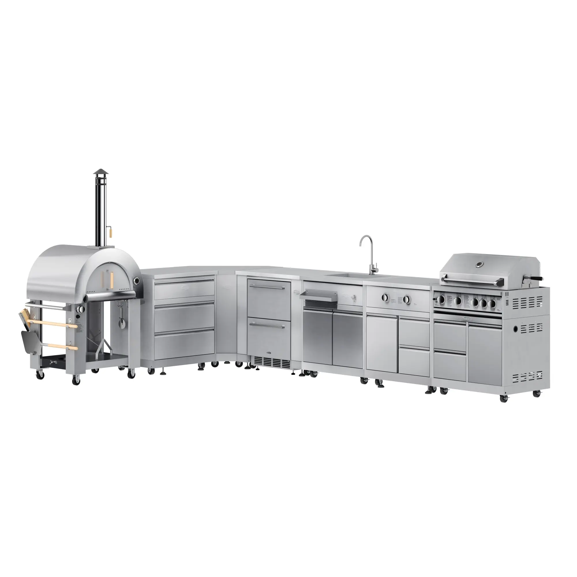 KoolMore Outdoor Kitchen Series Modular Kitchen with a Dual Fuel Pizza Oven, 3 Drawer Cabinet, Corner Cabinet, Double Refrigerator Drawers with Cabinet, Sink, Side Burner and a 30 in. BBQ Grill and Cabinet in Stainless-Steel (KM-OKSKIT-CONFIG