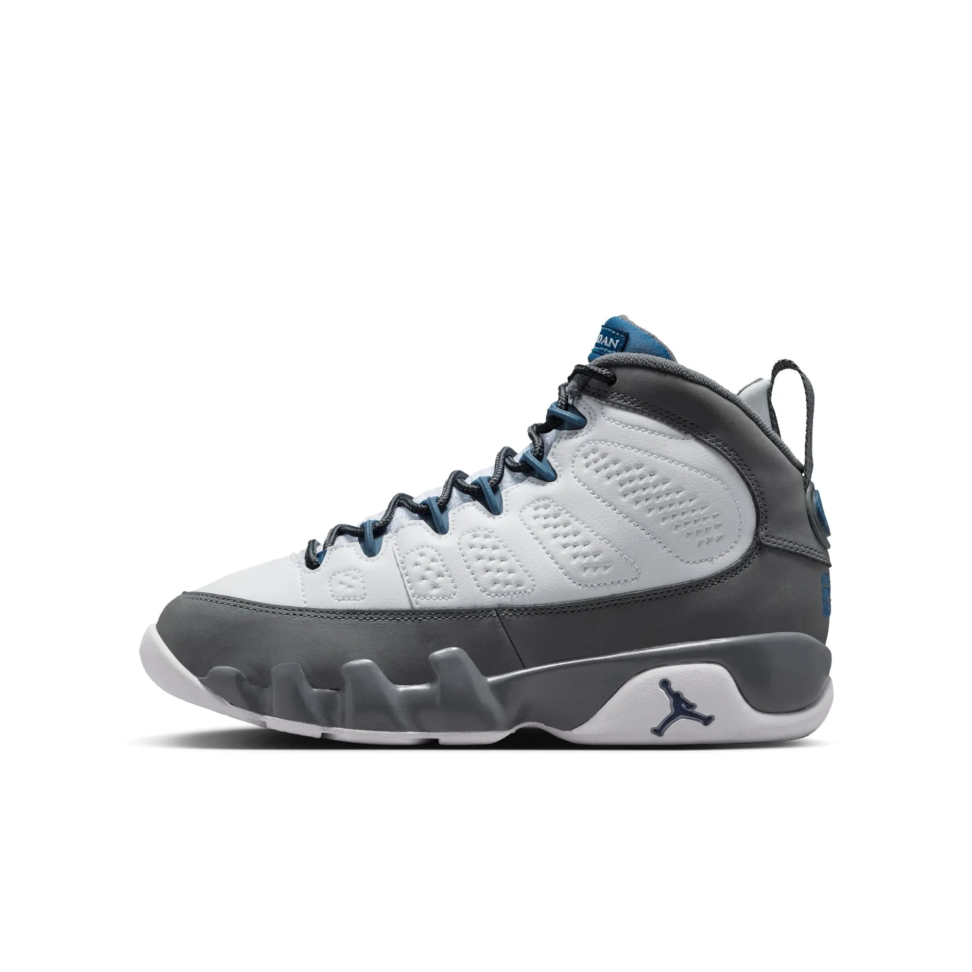 Air Jordan 9 Retro Youth "Flint Grey & French Blue" High-Top Leather Athletic Hoop Shoe for Sports Performance, Basketballshoes, High Top Shoe, Rubber