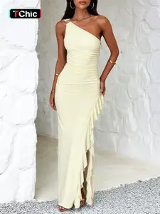 Elegant European Style Sexy Asymmetrical Shoulder Ruffle Split Dress, Women's Fashionable Formal Party Gown, Stylish Casual Wear