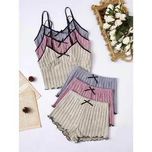 SERACAL 3 Pcs Women's Ribbed Knit Cami Top & Shorts Loungewear Set, Spring Summer Comfortable Home Pajamas