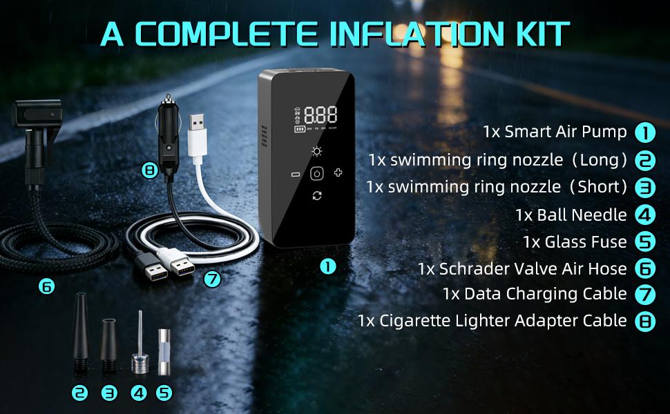 Multifunctional Tire Inflator Portable Air Compressor 150PSI Cordless, Dual Power Battery and Car Plug, Auto Shut Off, Digital Display, LED Light with Accessories for Cars, Bikes, Balls