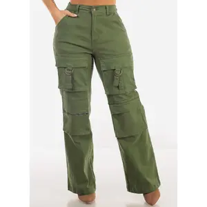 Super High Waist Straight Wide Leg Cargo Jeans Olive