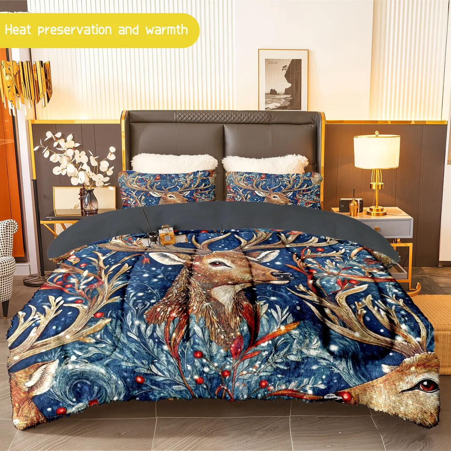 3pcs (1 comforter + 2 pillowcases) Reindeer - Themed Flannel & Milk Velvet Comforter Set, Soft Warm Cozy Bedding Set, Trendy Bedding Essentials