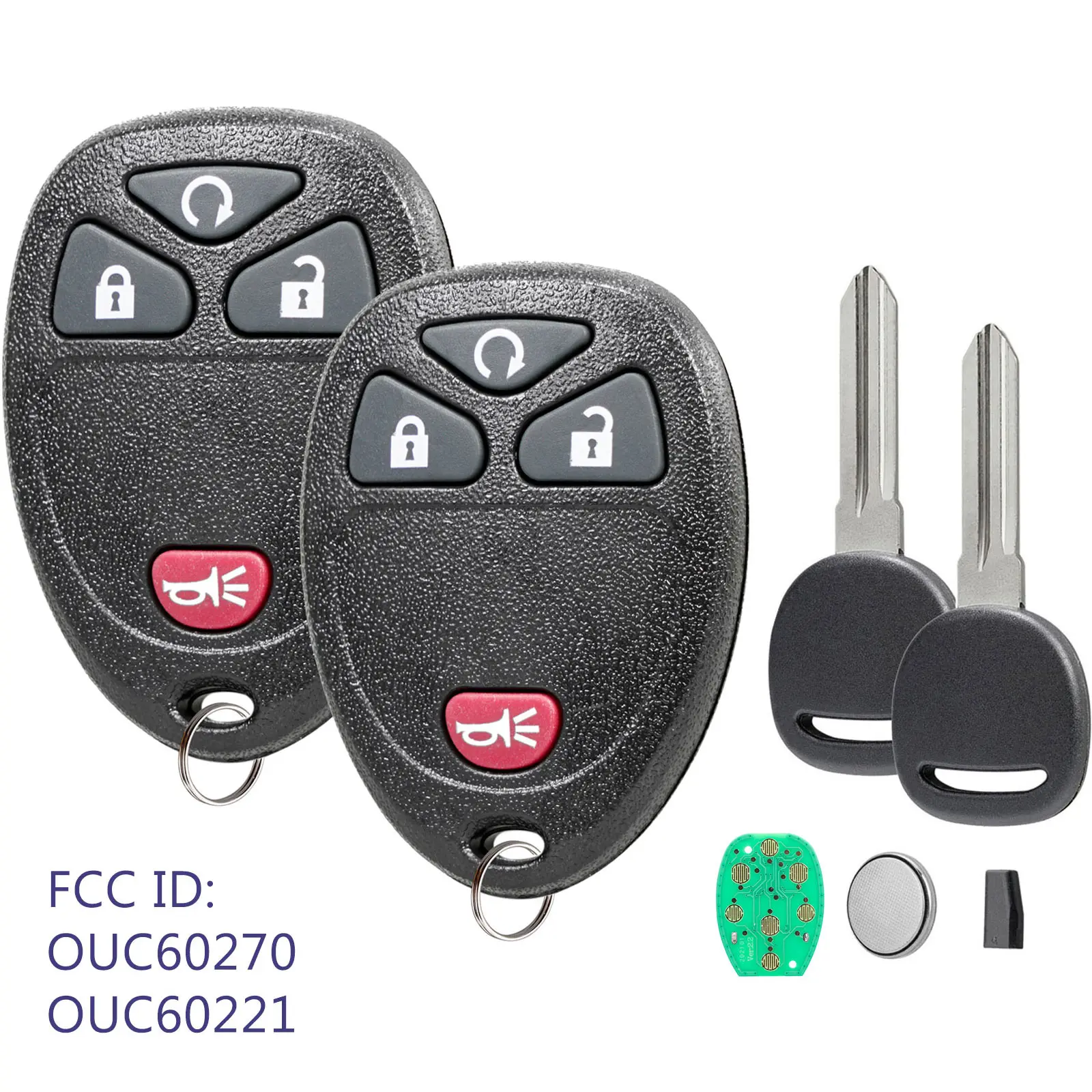 2x 4-Button Remote Key Fob + 2x Ignition Chipped Key with Batteries for 2007-2013 GMC Sierra,Yukon,Savana,2007 Saturn Outlook,Chevrolet Silverado 1500/2500/3500,Express,Suburban,Tahoe (OUC60270/OUC60221)