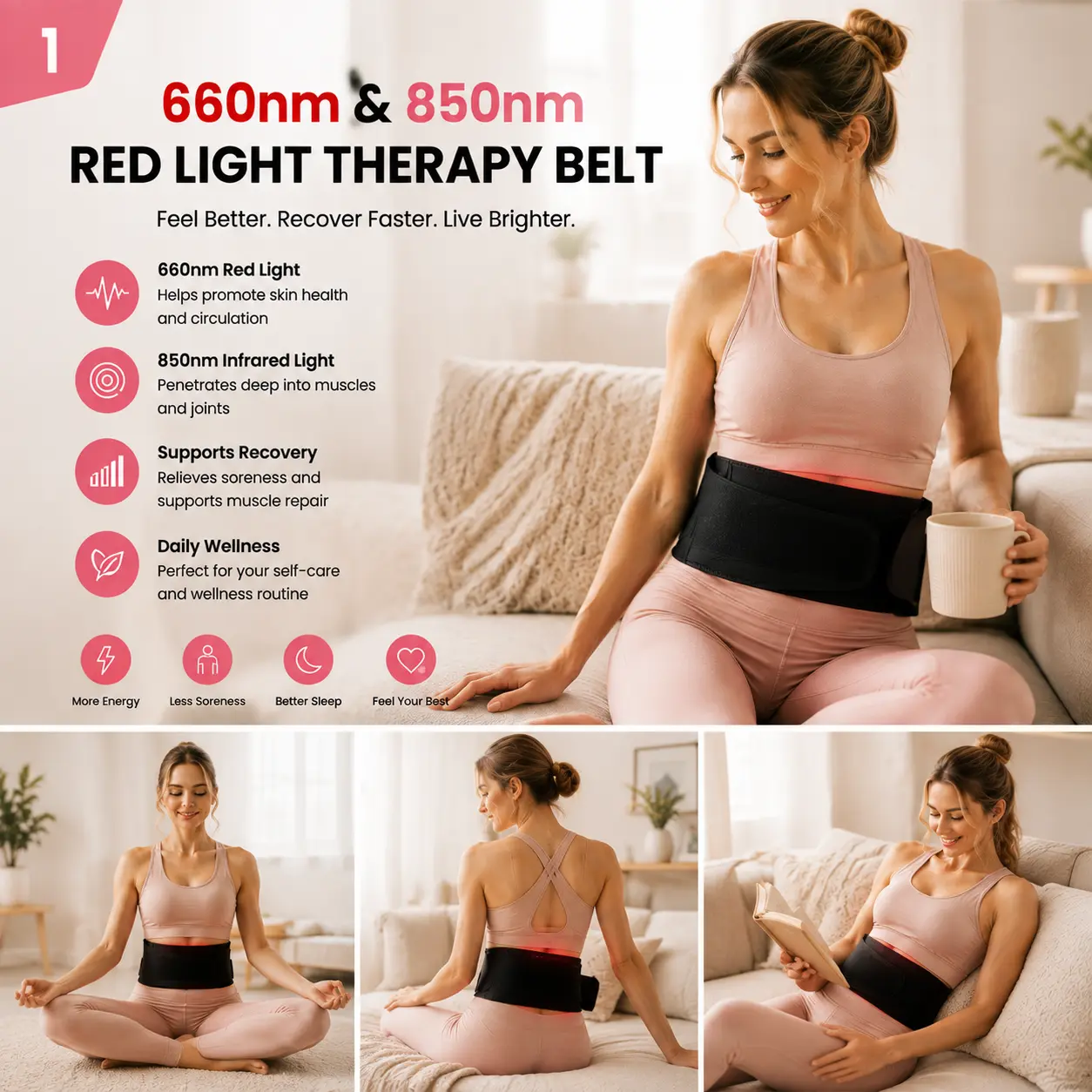 Vosalan AllevarRed Light Therapy Belt1- 660nm Red + 850nm NIR-105 Triple LED Lights - 2 Pulse Modes - Timer & Remote Control - Deep Tissue & Muscle Recovery - Portable Wraparound Design
