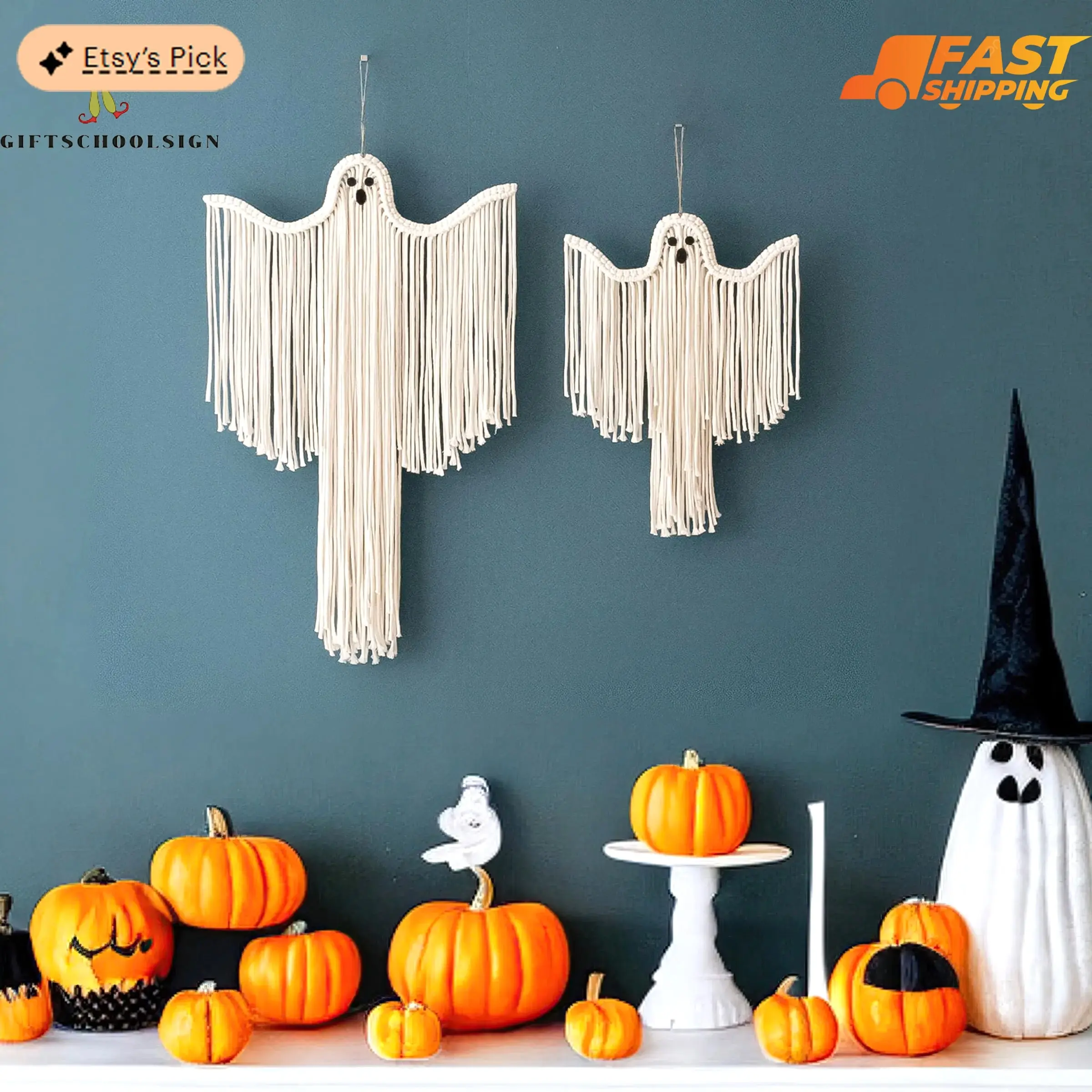 Customize Cute Ghost Spooky Season Halloween Macrame Wall Hanging,Macrame Ghost Hanging Decoration,Macrame Ghost Craft,Halloween Season Cotton Room Boho