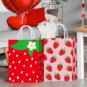 5Pcs Strawberry Paper Gift Bags – Pink & Red Candy Treat Bags for Birthday, Baby Shower & Berry Sweet Party Favors, Decorative Gift Storage Bags for Party Supplies